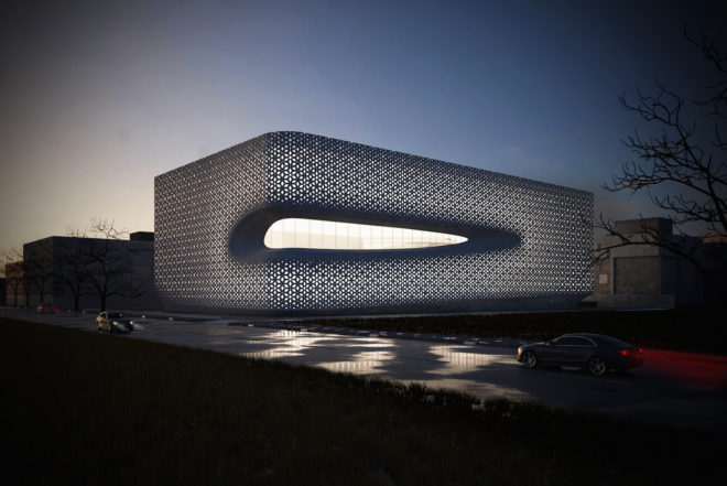 Punjab Kesari Headquarters by Studio Symbiosis, glass reinforced concrete facade, perforated Indian inspired facade, Punjab Kesari Headquarters