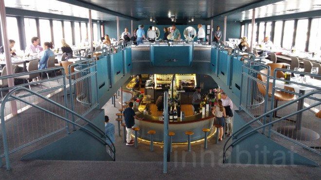 andrew franz, andrew franz architect, bar on a boat, boat restaurant nyc, eco design, Fish Bar, Fish Bar at North River Landing, floating bar, green architecture, green design, New York Cruise Lines, nyc boat restaurant, pier 81, recycled boat, restaurant on a boat