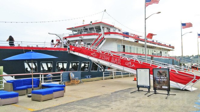 andrew franz, andrew franz architect, bar on a boat, boat restaurant nyc, eco design, Fish Bar, Fish Bar at North River Landing, floating bar, green architecture, green design, New York Cruise Lines, nyc boat restaurant, pier 81, recycled boat, restaurant on a boat