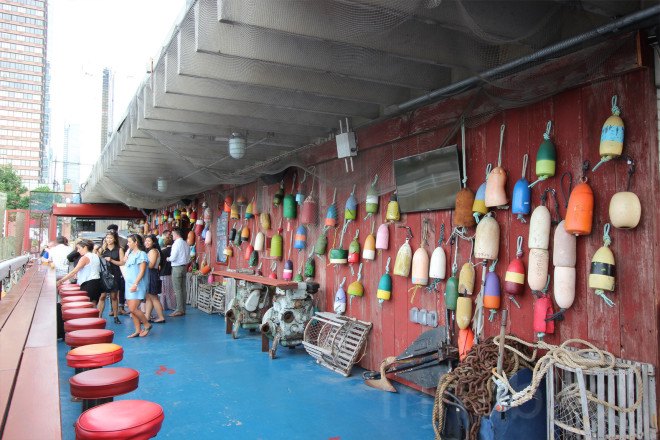 andrew franz, andrew franz architect, bar on a boat, boat restaurant nyc, eco design, Fish Bar, Fish Bar at North River Landing, floating bar, green architecture, green design, New York Cruise Lines, nyc boat restaurant, pier 81, recycled boat, restaurant on a boat