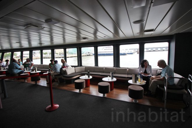 andrew franz, andrew franz architect, bar on a boat, boat restaurant nyc, eco design, Fish Bar, Fish Bar at North River Landing, floating bar, green architecture, green design, New York Cruise Lines, nyc boat restaurant, pier 81, recycled boat, restaurant on a boat
