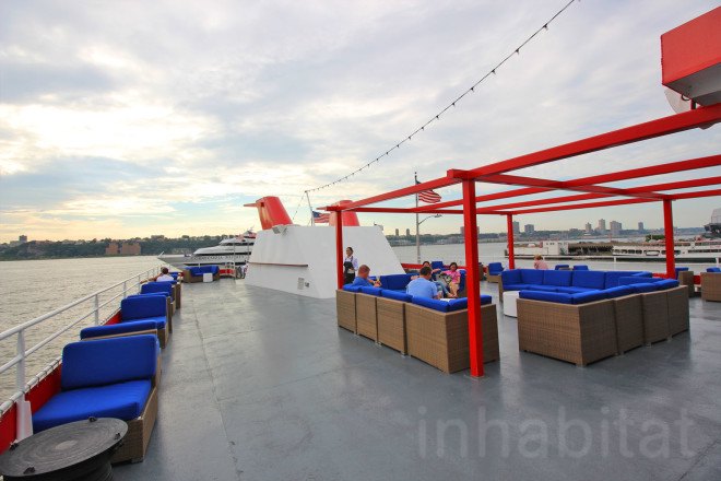 andrew franz, andrew franz architect, bar on a boat, boat restaurant nyc, eco design, Fish Bar, Fish Bar at North River Landing, floating bar, green architecture, green design, New York Cruise Lines, nyc boat restaurant, pier 81, recycled boat, restaurant on a boat