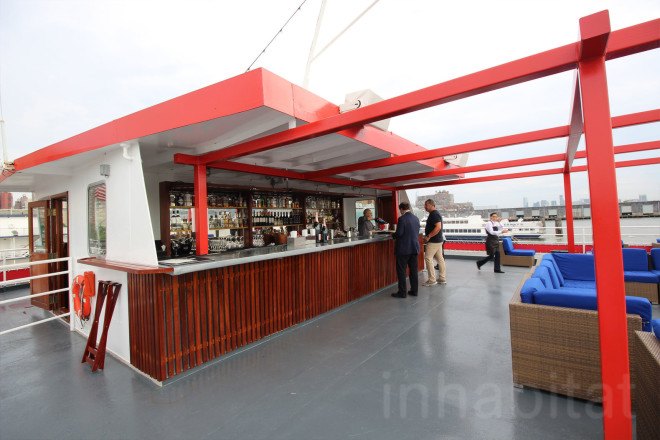 andrew franz, andrew franz architect, bar on a boat, boat restaurant nyc, eco design, Fish Bar, Fish Bar at North River Landing, floating bar, green architecture, green design, New York Cruise Lines, nyc boat restaurant, pier 81, recycled boat, restaurant on a boat