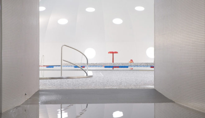 Urbane Kultur, Hi-Macs, Tournesol, swimming pool, green renovation, France, geodesic dome, green architecture, stainless steel, green extension