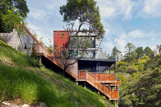 Zack deVito Architecture, energy-efficient home, terraced home, Tamalpais Residence, air quality, sliding glazed doors, recycled bamboo deck, corten steel rusty entrance