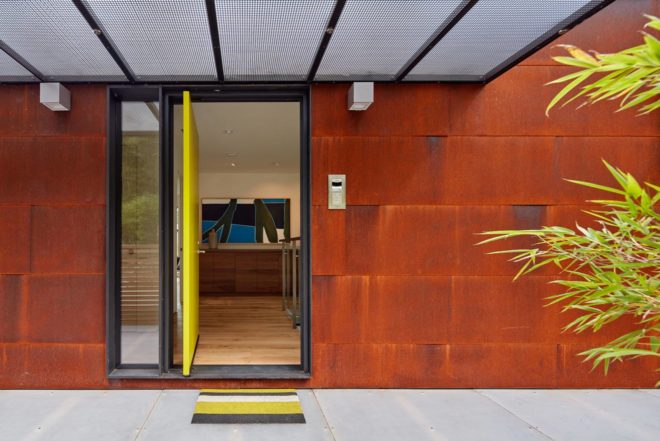 Zack deVito Architecture, energy-efficient home, terraced home, Tamalpais Residence, air quality, sliding glazed doors, recycled bamboo deck, corten steel rusty entrance