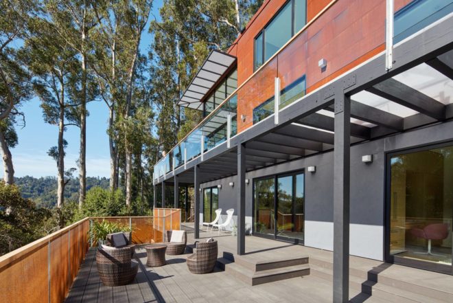 Zack deVito Architecture, energy-efficient home, terraced home, Tamalpais Residence, air quality, sliding glazed doors, recycled bamboo deck, corten steel rusty entrance