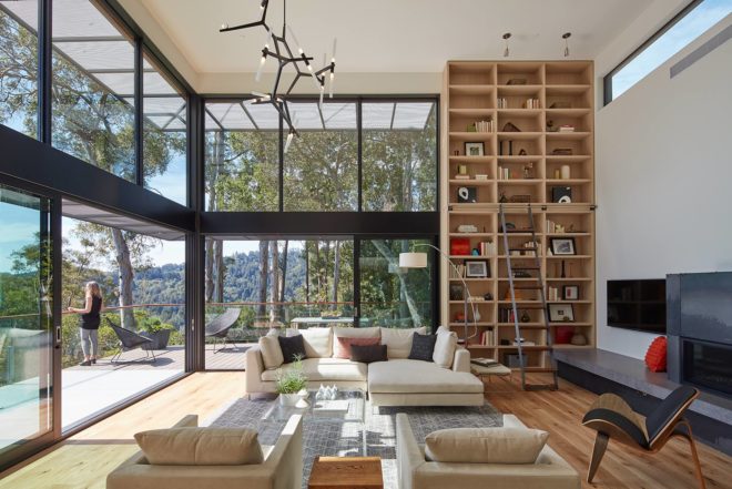 Zack deVito Architecture, energy-efficient home, terraced home, Tamalpais Residence, air quality, sliding glazed doors, recycled bamboo deck, corten steel rusty entrance