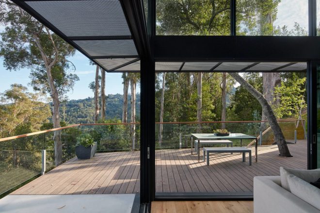 Zack deVito Architecture, energy-efficient home, terraced home, Tamalpais Residence, air quality, sliding glazed doors, recycled bamboo deck, corten steel rusty entrance