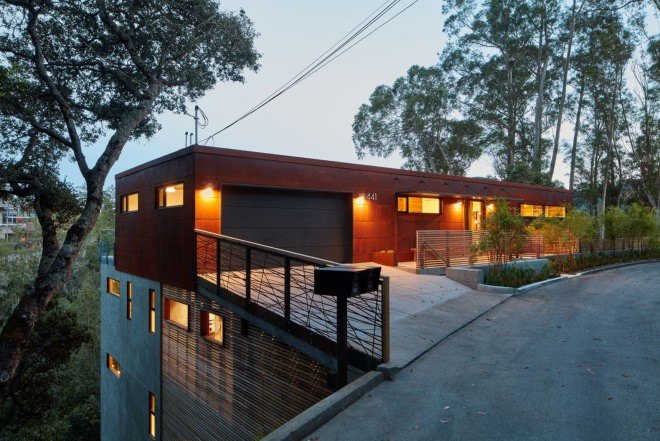 Zack deVito Architecture, energy-efficient home, terraced home, Tamalpais Residence, air quality, sliding glazed doors, recycled bamboo deck, corten steel rusty entrance