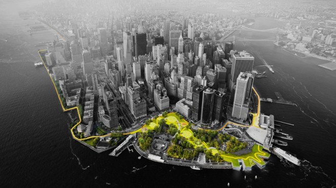 flood wall, storm protection, onenyc, bjarke ingels group, big, big u, big u storm protection system, lower manhattan, wall street, red hook, brooklyn, storm surges