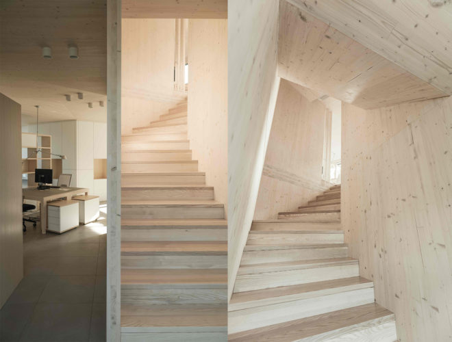 52 Cubic Wood by JOSEP and Atelier Gerhard Haumer, timber office design, timber building sequesters carbon, low-carbon footprint office, wood office,
