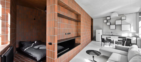 Bazillion apartment, tiny apartment, Lithuania, YCL Studio, open-plan, terracotta, green interior, interior design, natural light
