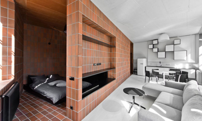 Bazillion apartment, tiny apartment, Lithuania, YCL Studio, open-plan, terracotta, green interior, interior design, natural light
