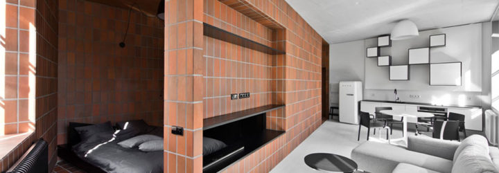 Bazillion apartment, tiny apartment, Lithuania, YCL Studio, open-plan, terracotta, green interior, interior design, natural light