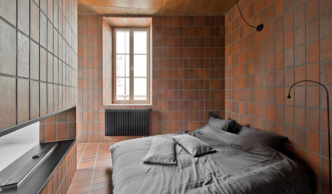Bazillion apartment, tiny apartment, Lithuania, YCL Studio, open-plan, terracotta, green interior, interior design, natural light