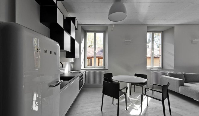 Bazillion apartment, tiny apartment, Lithuania, YCL Studio, open-plan, terracotta, green interior, interior design, natural light