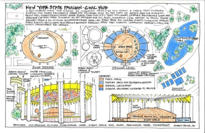 New York State Pavilion, Sarah Wan and Aidan Doylem, Hanging Meadow, Flushing fair site, giant greenhouse bubble, National Trust for Historic Preservation, nyc greenhouse, greenhouse design, urban design, urban gardening, urban farming, urban greenhouses, flushing meadows greenhouse