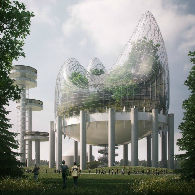 New York State Pavilion, Sarah Wan and Aidan Doylem, Hanging Meadow, Flushing fair site, giant greenhouse bubble, National Trust for Historic Preservation, nyc greenhouse, greenhouse design, urban design, urban gardening, urban farming, urban greenhouses, flushing meadows greenhouse