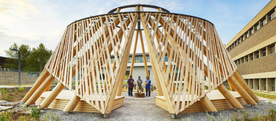 Hoop Dance Gathering Place, Mohawk College, Brook McIlroy, indigenous people, Canada, Aboriginal, open air pavilion, timber pavilion, green architecture, traditional construction techniques