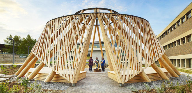 Hoop Dance Gathering Place, Mohawk College, Brook McIlroy, indigenous people, Canada, Aboriginal, open air pavilion, timber pavilion, green architecture, traditional construction techniques