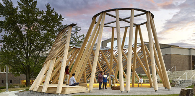 Hoop Dance Gathering Place, Mohawk College, Brook McIlroy, indigenous people, Canada, Aboriginal, open air pavilion, timber pavilion, green architecture, traditional construction techniques