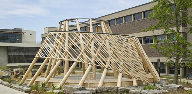 Hoop Dance Gathering Place, Mohawk College, Brook McIlroy, indigenous people, Canada, Aboriginal, open air pavilion, timber pavilion, green architecture, traditional construction techniques