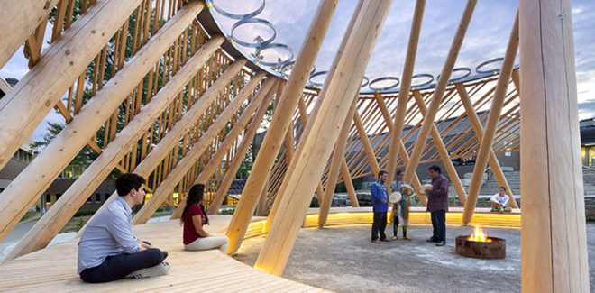Hoop Dance Gathering Place, Mohawk College, Brook McIlroy, indigenous people, Canada, Aboriginal, open air pavilion, timber pavilion, green architecture, traditional construction techniques