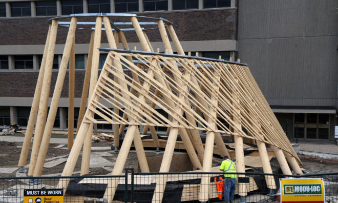 Hoop Dance Gathering Place, Mohawk College, Brook McIlroy, indigenous people, Canada, Aboriginal, open air pavilion, timber pavilion, green architecture, traditional construction techniques