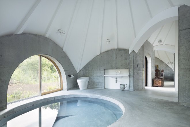 JIKKA by Issei Suma, teepee shaped architecture, architecture for elder care, teepee-shaped architecture in Japan, wheelchair accessible bath