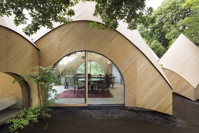 JIKKA by Issei Suma, teepee shaped architecture, architecture for elder care, teepee-shaped architecture in Japan, wheelchair accessible bath