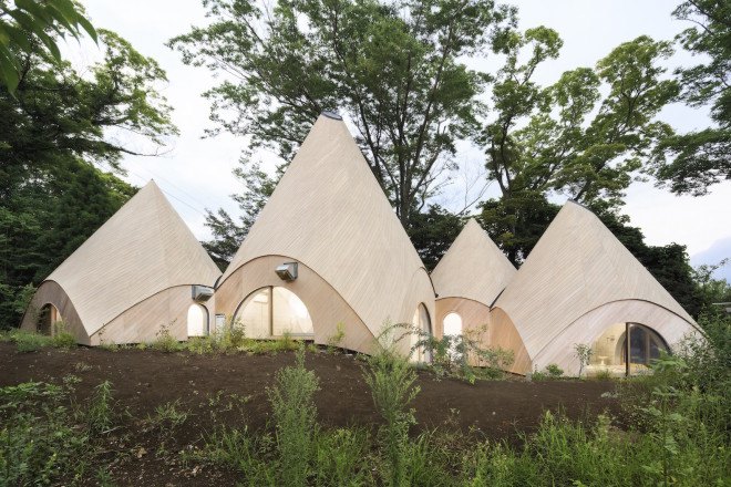 JIKKA by Issei Suma, teepee shaped architecture, architecture for elder care, teepee-shaped architecture in Japan, wheelchair accessible bath