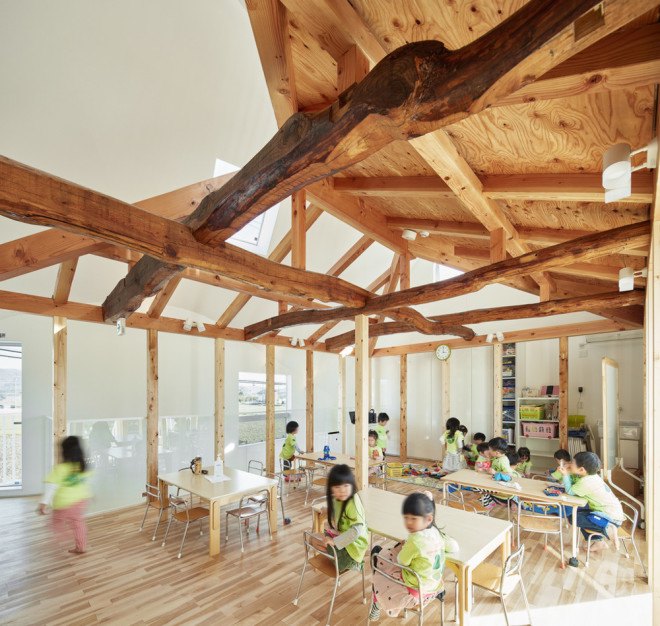 mad architects, japan, Okazaki, aichi prefecture, kindergarten, adaptive reuse, natural wood, renovation, japanese school, clover house