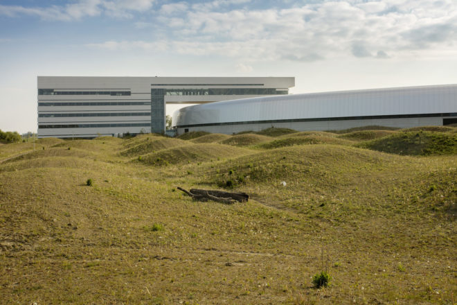 MAX IV laboratory landscape design by Snøhetta, wave land art, stormwater management in land art, Science City near Lund, MAX IV laboratory by Fojab