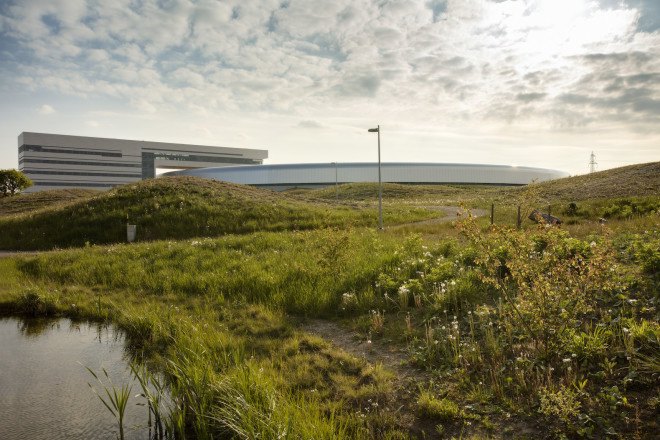 MAX IV laboratory landscape design by Snøhetta, wave land art, stormwater management in land art, Science City near Lund, MAX IV laboratory by Fojab