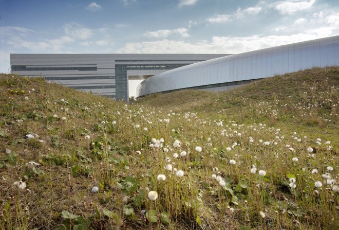 MAX IV laboratory landscape design by Snøhetta, wave land art, stormwater management in land art, Science City near Lund, MAX IV laboratory by Fojab