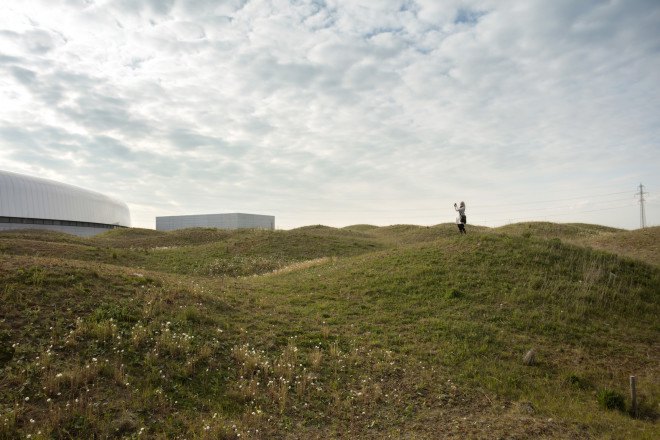MAX IV laboratory landscape design by Snøhetta, wave land art, stormwater management in land art, Science City near Lund, MAX IV laboratory by Fojab