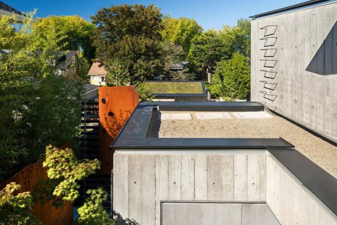 Measured Architecture, 90% recycled, Cloister House, Vancouver, playful elements, Japanese stone mason, Tamatsu Tongu, artist Fei Disbrow, weathering steel ladder, recycled bungalow