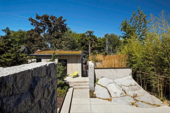 Measured Architecture, 90% recycled, Cloister House, Vancouver, playful elements, Japanese stone mason, Tamatsu Tongu, artist Fei Disbrow, weathering steel ladder, recycled bungalow