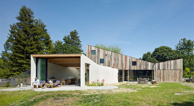 Casper Mork-Ulnes, Meier Rd house, artist's studio, Northern California, green extension, indoor garden, sliding doors, green architecture, pitched roof, barn wood