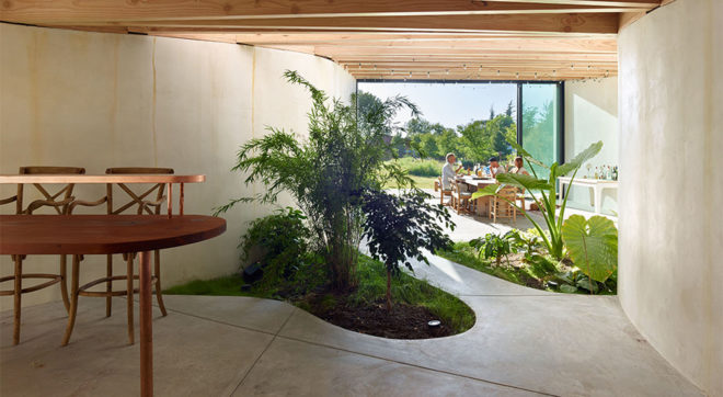 Casper Mork-Ulnes, Meier Rd house, artist's studio, Northern California, green extension, indoor garden, sliding doors, green architecture, pitched roof, barn wood