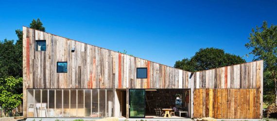 Mork-Ulnes Architects, recycled barn, recycled artist studio, Meier Road project, California, recycled wood, modern addition, free-range chicken, plants growing inside