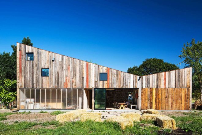 Mork-Ulnes Architects, recycled barn, recycled artist studio, Meier Road project, California, recycled wood, modern addition, free-range chicken, plants growing inside