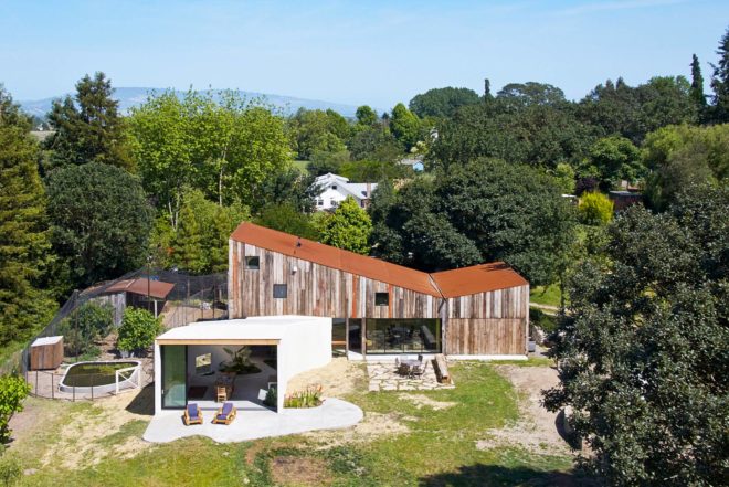 Mork-Ulnes Architects, recycled barn, recycled artist studio, Meier Road project, California, recycled wood, modern addition, free-range chicken, plants growing inside