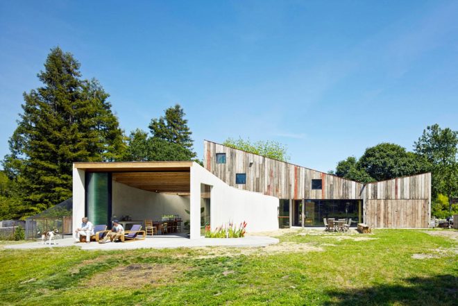 Mork-Ulnes Architects, recycled barn, recycled artist studio, Meier Road project, California, recycled wood, modern addition, free-range chicken, plants growing inside