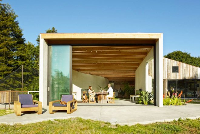 Mork-Ulnes Architects, recycled barn, recycled artist studio, Meier Road project, California, recycled wood, modern addition, free-range chicken, plants growing inside