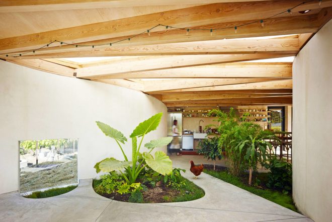 Mork-Ulnes Architects, recycled barn, recycled artist studio, Meier Road project, California, recycled wood, modern addition, free-range chicken, plants growing inside