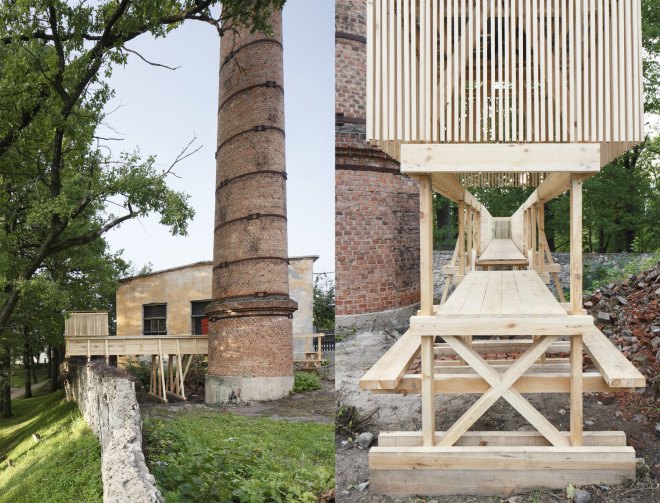 Night Train by Building Works Unit, Night Train at Cēsis Beer Brewery, Night Train by RTU International Architecture Summer School, kinetic installations, Latvian pine installations, Cēsis Beer Brewery adaptive reuse