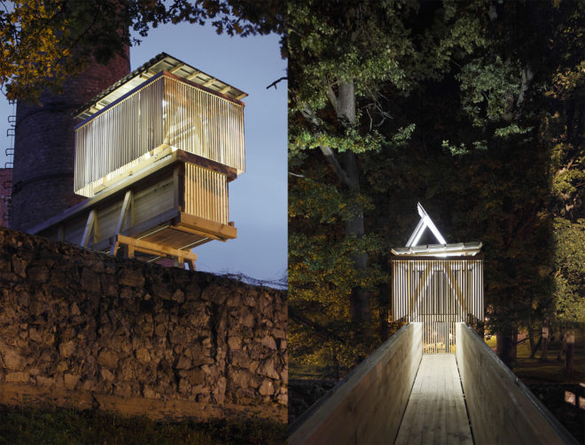 Night Train by Building Works Unit, Night Train at Cēsis Beer Brewery, Night Train by RTU International Architecture Summer School, kinetic installations, Latvian pine installations, Cēsis Beer Brewery adaptive reuse