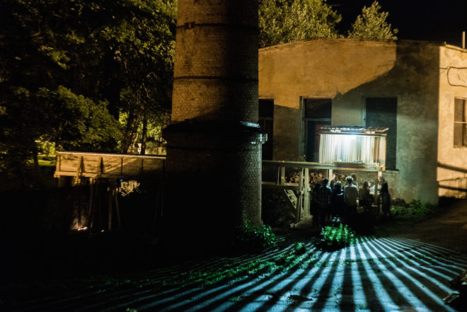 Night Train by Building Works Unit, Night Train at Cēsis Beer Brewery, Night Train by RTU International Architecture Summer School, kinetic installations, Latvian pine installations, Cēsis Beer Brewery adaptive reuse